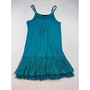 Ryu Teal Blue Lace Tulle Ruffle Hem Pintuck Dress Tunic RD3999-S12 Womens Medium